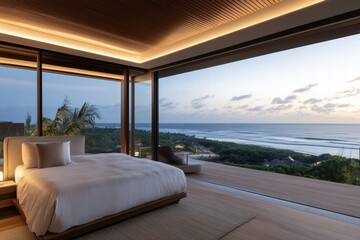 A luxurious oceanfront bedroom designed with tranquil vibes, featuring large windows that offer...