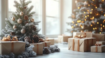 Cozy and Festive Christmas Scene with Snowy Christmas Trees, Golden Ornaments, Presents, and Warm Holiday Ambiance in a Sunlit Room