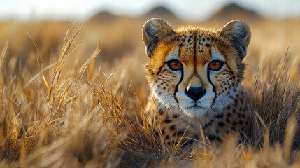 Obraz premium A close-up of a cheetah face with piercing eyes amidst golden savanna grass