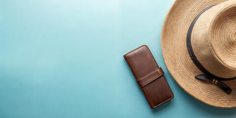 A straw hat with a black band rests next to a brown wallet on a light blue surface, setting a relaxed summer vibe ideal for seaside outings or casual days out