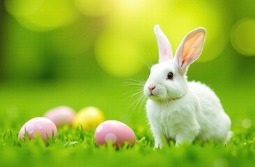 Obraz premium A white Easter bunny runs across a green lawn with Easter eggs scattered on it