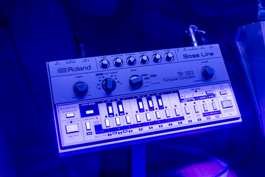 Roland TB-303 bass-line synthesizer in the house music museum in Amsterdam. Amsterdam, the Netherlands. 23 March 2024. 