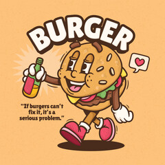 Burger Cute Trendy Retro Cartoon Vector Hand Drawn 