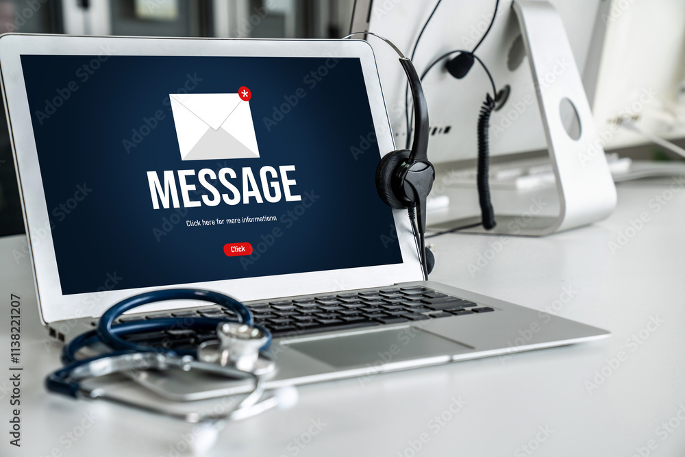 Poster email notification message showing on computer screen snugly. digital marketing message information 