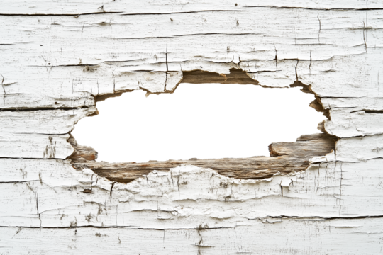 hole in the white wood wall, hole break through wooden board plank, decor frame, white transparent background. cutout png