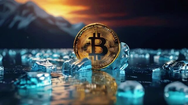 Melting ice bitcoin and rise of most popular cryptocurrency in crypto market. 3D, 4k High-Quality Wallpaper Background Animation Video