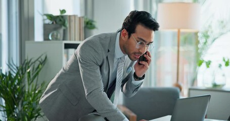 Business man, laptop and phone call with finance report check and networking in office. Accountant, mobile and financial admin for investment opportunity and conversation for stock market growth - Powered by Adobe