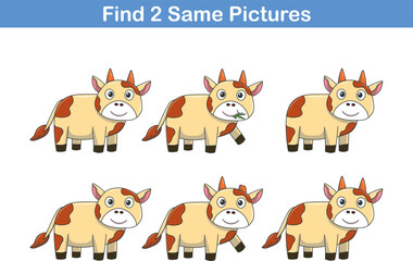 Funny cartoon cow. Find two same pictures. Educational game for children. Cartoon vector illustration