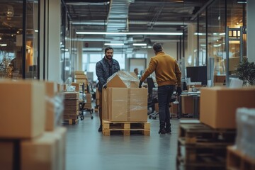 Two men are pushing a pallet of boxes in a warehouse
