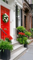 Fototapeta premium Colorful Front Steps with Red Door and Vibrant Flower Pots in Urban Setting