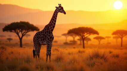 Obraz premium Realistic giraf standing gracefully in the golden savanna, surrounded by nature’s beauty.