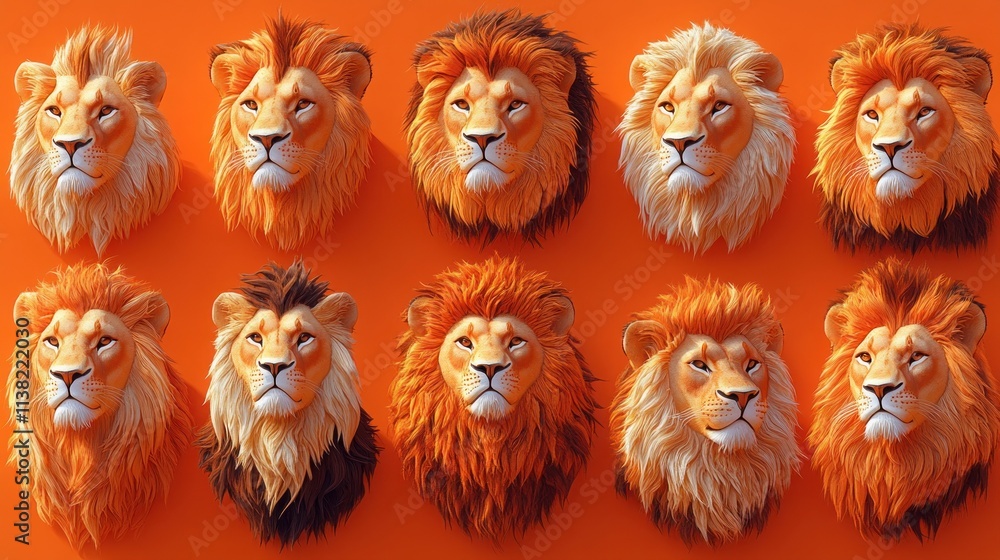 Poster a colorful display of lion heads arranged in a grid on an orange background.