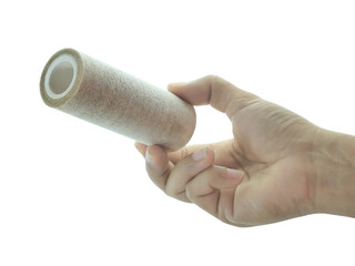 Female hand holding Used water filter isolated on white background.