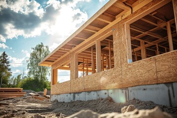Obraz premium Unfinished House Construction: Exterior View with Wooden Rooftop and Water Protection Membrane