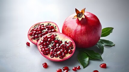 Fresh Pomegranate Fruits with Seeds with Leaves Organic Nutrition Healthy food Concept AI Generated