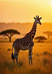 Obraz premium Golden hour giraf standing elegantly in its natural savanna habitat, framed by soft sunlight.