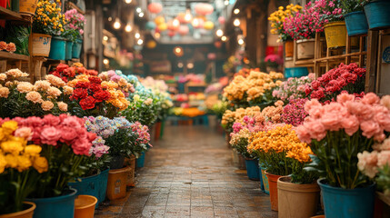 Vibrant flower market with colorful blooms, warm lighting, and a festive atmosphere, ideal for celebrations or special events