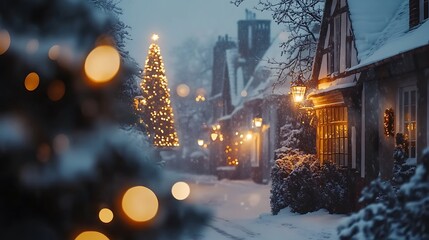 Fototapeta premium Christmas Village with Snow-covered Streets and Warm Lights