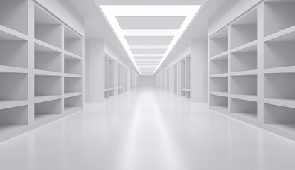 White, empty room with long shelves and a white floor