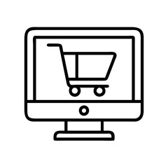 shopping cart with computer screen icon, cyber monday line art, cyber icon - simple black line art icon of shopping cart with computer screen, for cyber monday celebrations. cyber vector art.