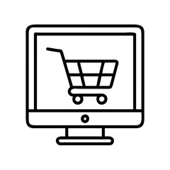 shopping cart with computer screen icon, cyber monday line art, cyber icon - simple black line art icon of shopping cart with computer screen, for cyber monday celebrations. cyber vector art.