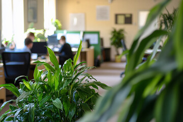Office workers collaborate on projects surrounded by greenery in a bright workspace during the day