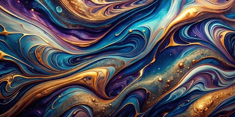 Abstract Swirling Liquid Art Featuring Gold and Deep Blue Hues
