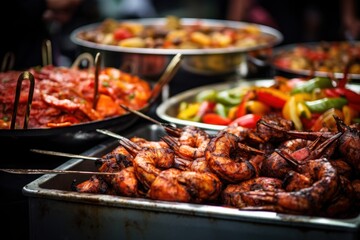 Catering buffet with close-up grilled meat in a restaurant setting, featuring a blurred background