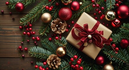 Vintage Christmas Border with Baubles and Gift Box on Wooden Background