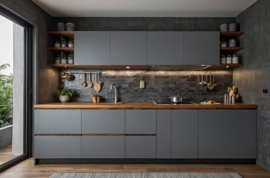 Modern Modular Grey And Wood Parallel Kitchen Design