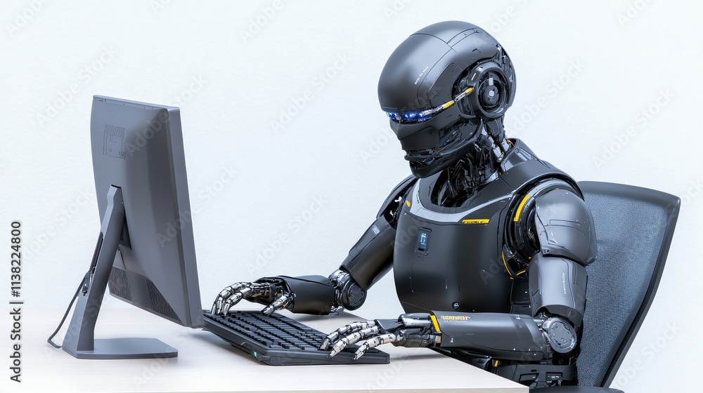 Aufkleber a humanoid robot working at a computer desk.
