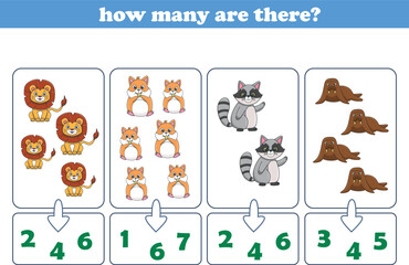 Counting game of wild animals for preschool kids. Printable. Vector Illustration