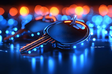 Abstract Keys Illuminated, Digital Security Concept in Neon Lights