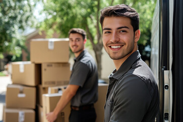 Moving day action with smiling movers residential street photography bright daylight close-up professional help
