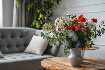 Vintage Floral Interior Design with Grey Settee and Wooden Table in a White Living Room