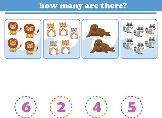 Counting game of wild animals for preschool kids. Printable. Vector Illustration