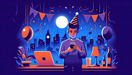 Midnight New Year celebration with a person scrolling their phone instead of partying