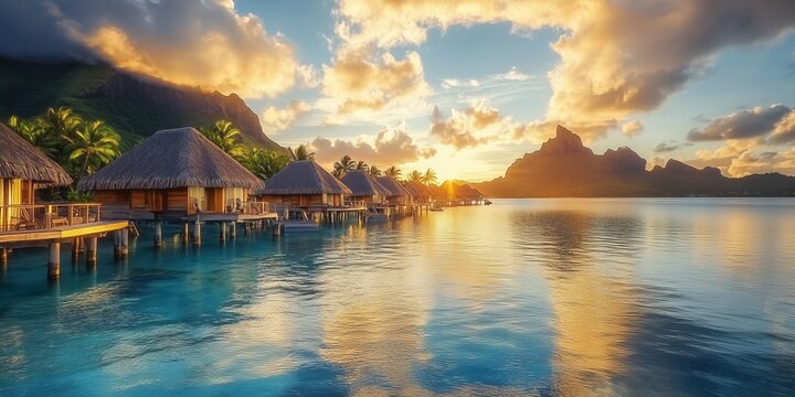 Golden sunset illuminates tranquil lagoon with overwater bungalows and majestic mount otemanu, creating idyllic tropical paradise scene in bora bora, french polynesia