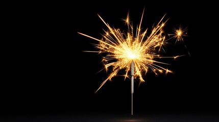 Fototapeta premium A bright sparkler emitting golden sparks against a dark background.
