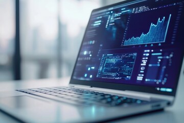 Laptop displaying graphs, charts, and code, suggesting data analysis or programming.