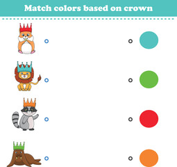 Match the color of the animal's crown. Educational game for color recognition