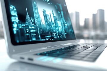 Laptop displaying a futuristic city skyline with data visualization, representing technology and urban development.