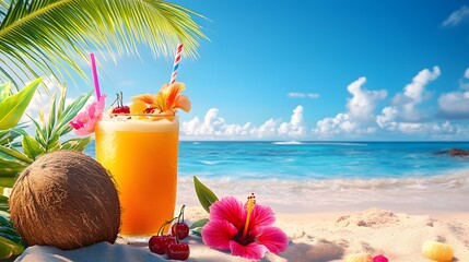 Exotic Drink with Coconuts and flowers Summer Vacation Concept Tropical Beach Scene AI Generated