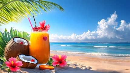 Tropical Beach Scene With Exotic Fresh Drink and Fresh Coconuts Summer Vacation Concept AI Generated