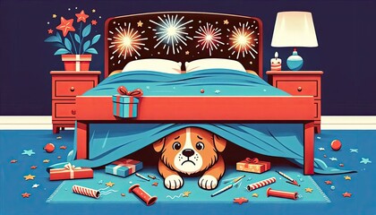 Dog hiding under bed during fireworks celebration with birthday decorations