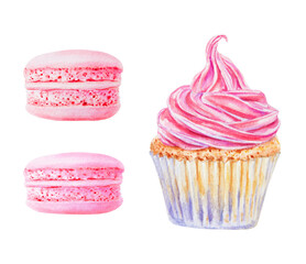 Set of baked goods. Cupcake with hot pink swirl icing and macarons. Isolated watercolor hand drawn clipart perfect for bakery branding, dessert menu, food related design, greeting cards, party project