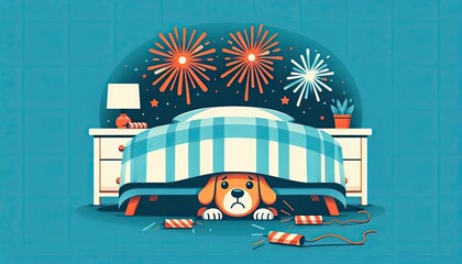 Dog hiding under bed during fireworks in a cozy bedroom