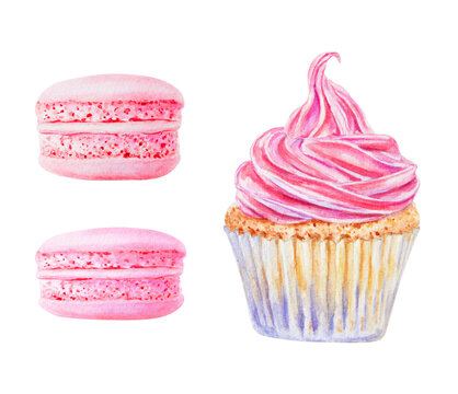 Set of baked goods. Cupcake with hot pink swirl icing and macarons. Isolated watercolor hand drawn clipart perfect for bakery branding, dessert menu, food related design, greeting cards, party project