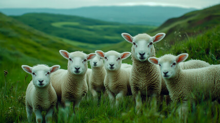 Fototapeta premium Sheep and Lambs Grazing in a Meadow