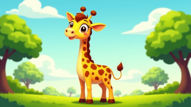 Cartoon giraf with a happy expression, framed by stylized trees and a clear blue sky.